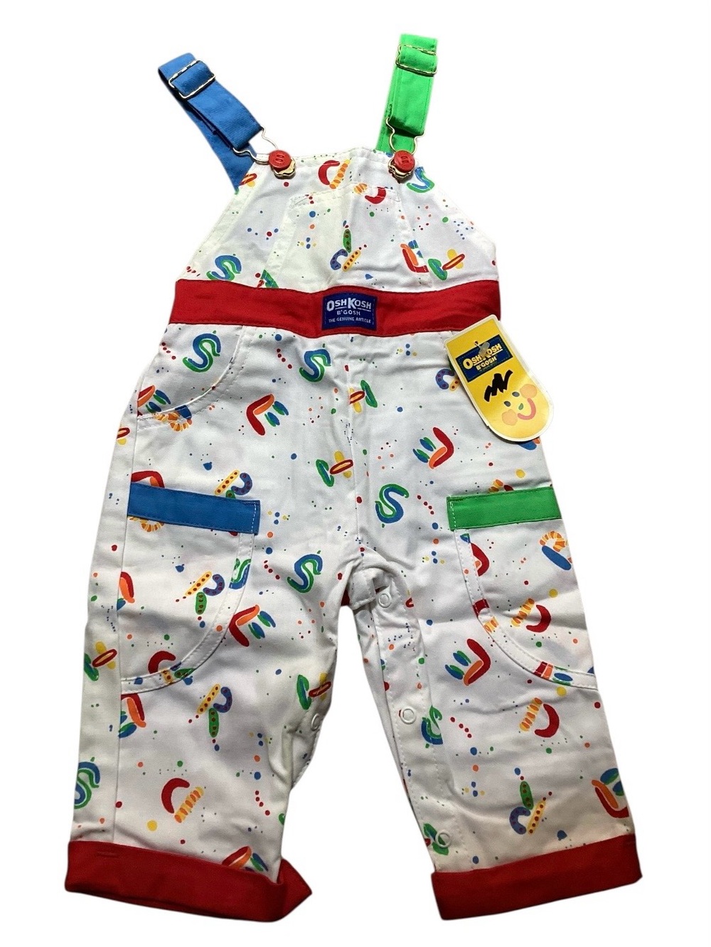 Vintage OshKosh B'gosh White Overalls with Red Trim and Multicolor Print